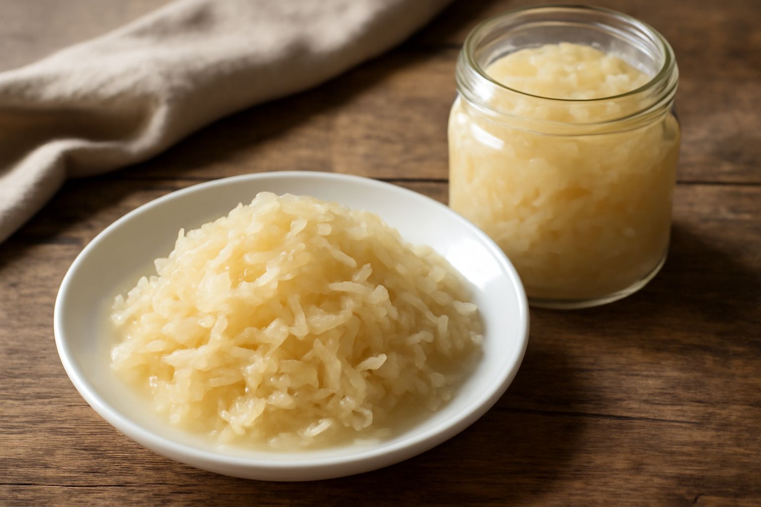 Barattolo di vetro con crauti fermentati di colore bianco crema, ben pressati, ricoperti da un leggero liquido lattiginoso, su fondo bianco con fetta di cavolo fresco accanto