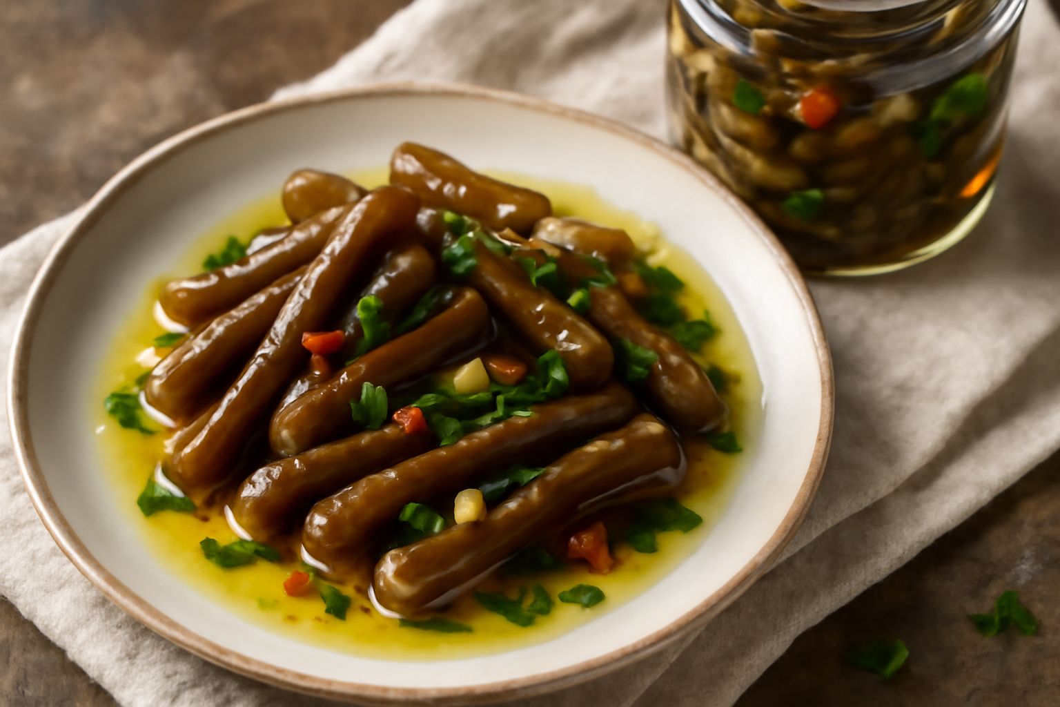 Barattolo di vetro con sottaceti di melanzane tagliate a bastoncini di colore marrone scuro, immerse in liquido trasparente, con aglio e peperoncino rosso visibili tra le fette, su fondo bianco