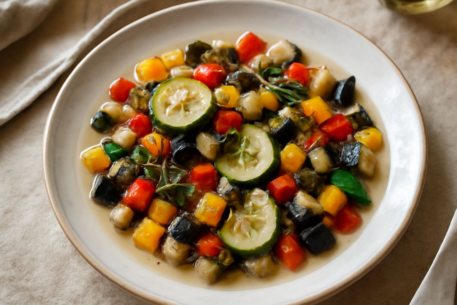 Barattoli di vetro trasparente con verdure estive tagliate e immerse in liquido acido trasparente, peperoni rossi e gialli, zucchine verdi e melanzane grigio-viola visibili dentro, etichette bianche s