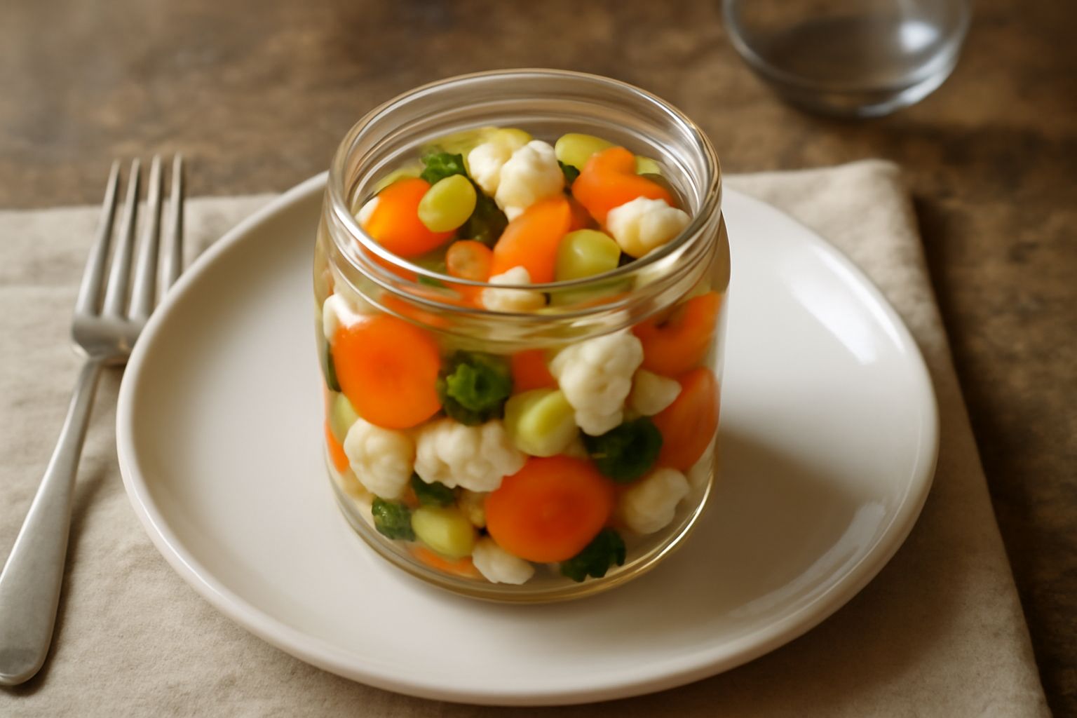 Barattolo di vetro trasparente riempito di sottaceti colorati: pezzetti di carota arancione, zucchina verde, cavolfiore bianco, cipolla rosa tenue, tutto immerso in liquido trasparente con spezie visi
