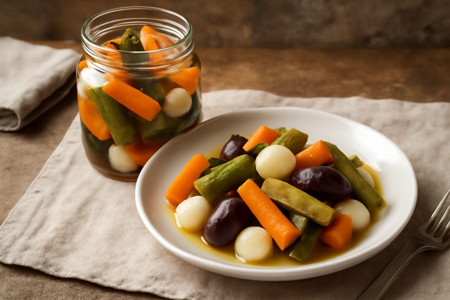 Vasetto di vetro trasparente riempito di sottaceti misti: carote tagliate a bastoncini rosso-arancio, cetrioli verdi, piccole cipollette bianche e gialle, peperoncino rosso spezzato, i tutto immerso i