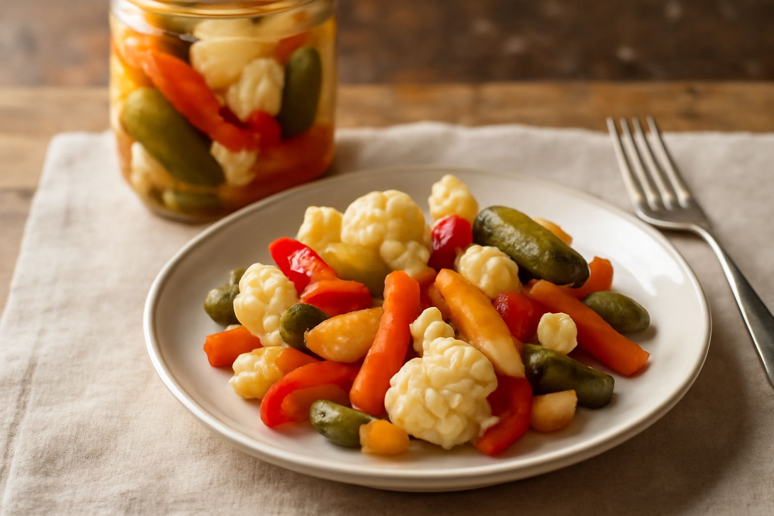Barattolo di vetro con sottaceti misti bergamaschi: cavolfiore bianco, peperoni rossi e gialli a strisce, carote arancioni tagliate a bastoncini, cetriolini verdi interi, cipollotti e foglie di prezze