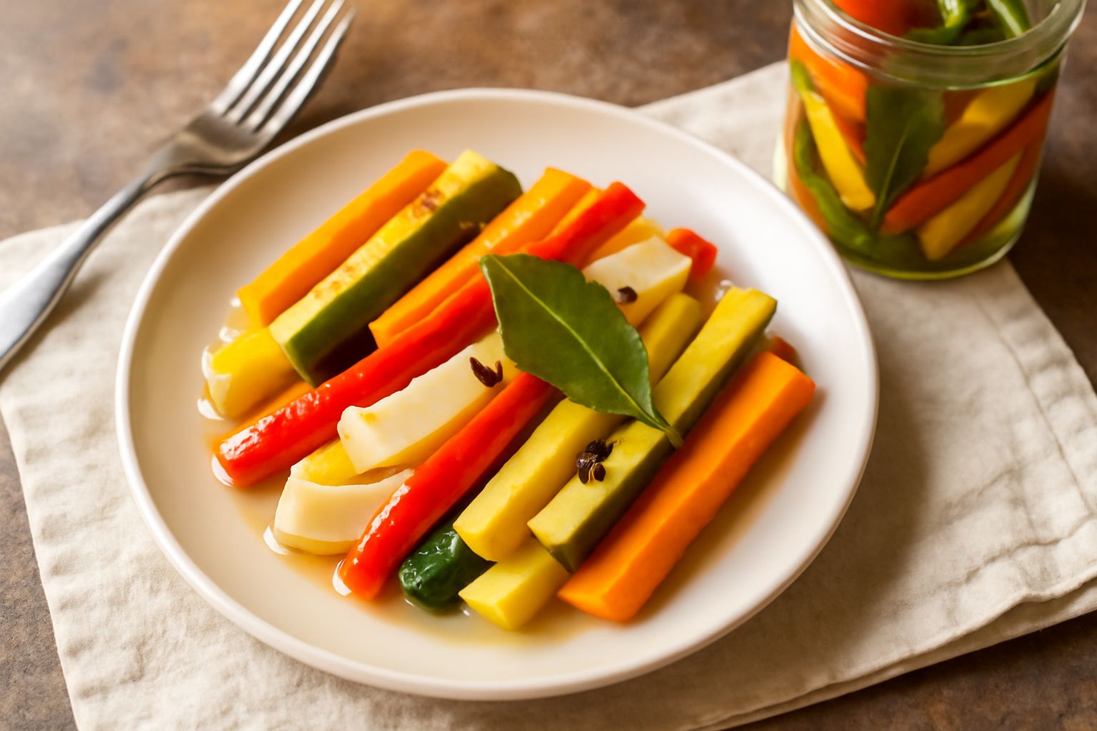 Vasetto di vetro con sottaceti misti: zucchine gialle e verdi tagliate a bastone, carote arancioni, cipolla bianca, peperoni rossi e gialli, con foglie di alloro e grani di pepe in sospensione nel liq