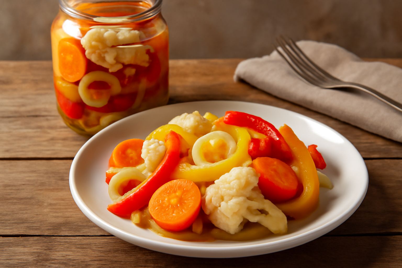 Barattolo di vetro trasparente con sottaceti misti di colore giallo dorato, con pezzi visibili di carota arancione, cavolfiore bianco, cipolla pallida e peperoni rossi e gialli, immersi in liquido lim