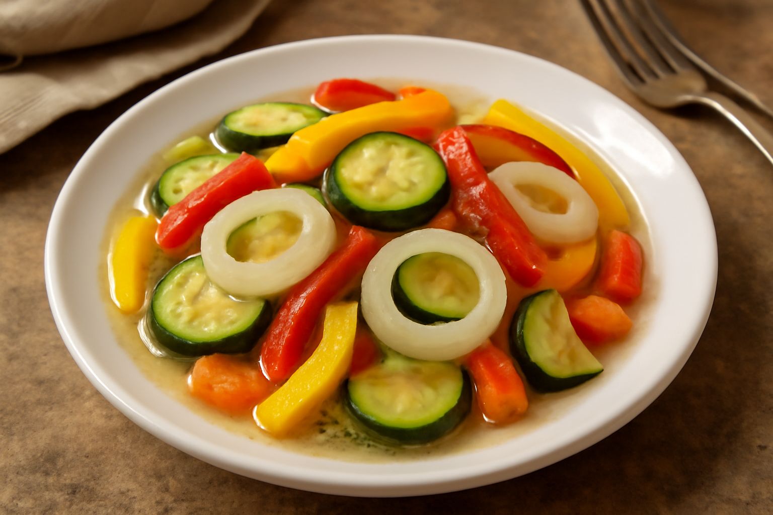 Vaso di vetro trasparente riempito di verdure tagliate di vari colori: zucchine verdi a rondelle, peperoni rossi e gialli a strisce, cipolle bianche, carote arancioni, in salamoia trasparente con chia