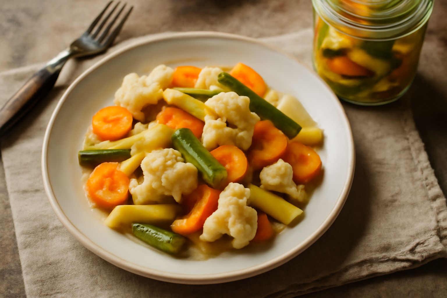 Barattolo di vetro trasparente con sottaceti misti: zucchine verdi, cavolfiore bianco, carote arancioni e cipolla gialla in liquido leggermente torbido, con foglie di alloro e grani di pepe visibili
