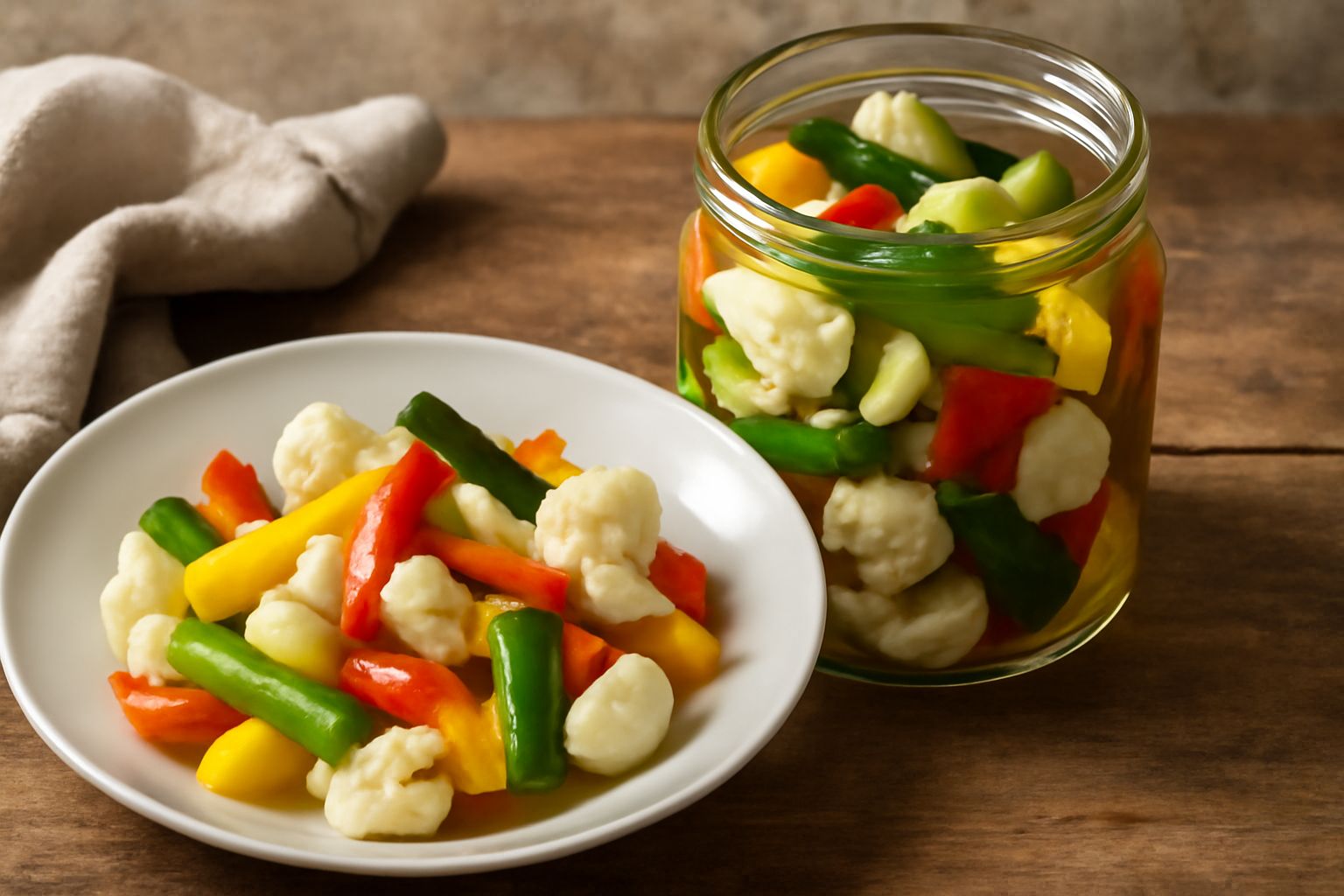 Barattolo di vetro trasparente con sottaceti misti: zucchine verdi tagliate a bastoncini, cavolfiore bianco, peperoni rossi e gialli, cipollotti, aglio e foglie di alloro galleggianti in liquido trasp