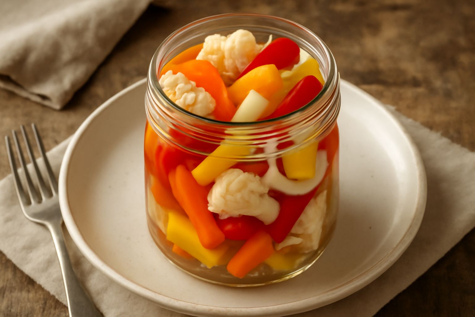 Sottaceti misti in vasetto di vetro trasparente: cavolfiore bianco, carote arancioni, peperoni rossi e gialli, cipolla bianca, spezie marroni visibili nel liquido chiaro e acido