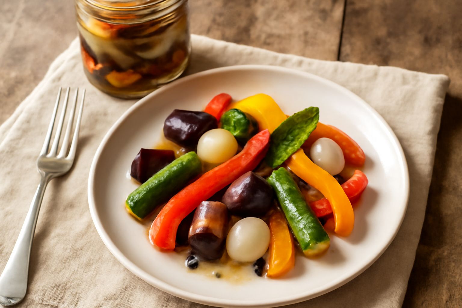 Vasetto di vetro pieno di sottaceti misti: melanzane viola, zucchine verdi, peperoni rossi e gialli, cipollette bianche immerse in liquido trasparente con aceto, grani di pepe e foglie di alloro visib