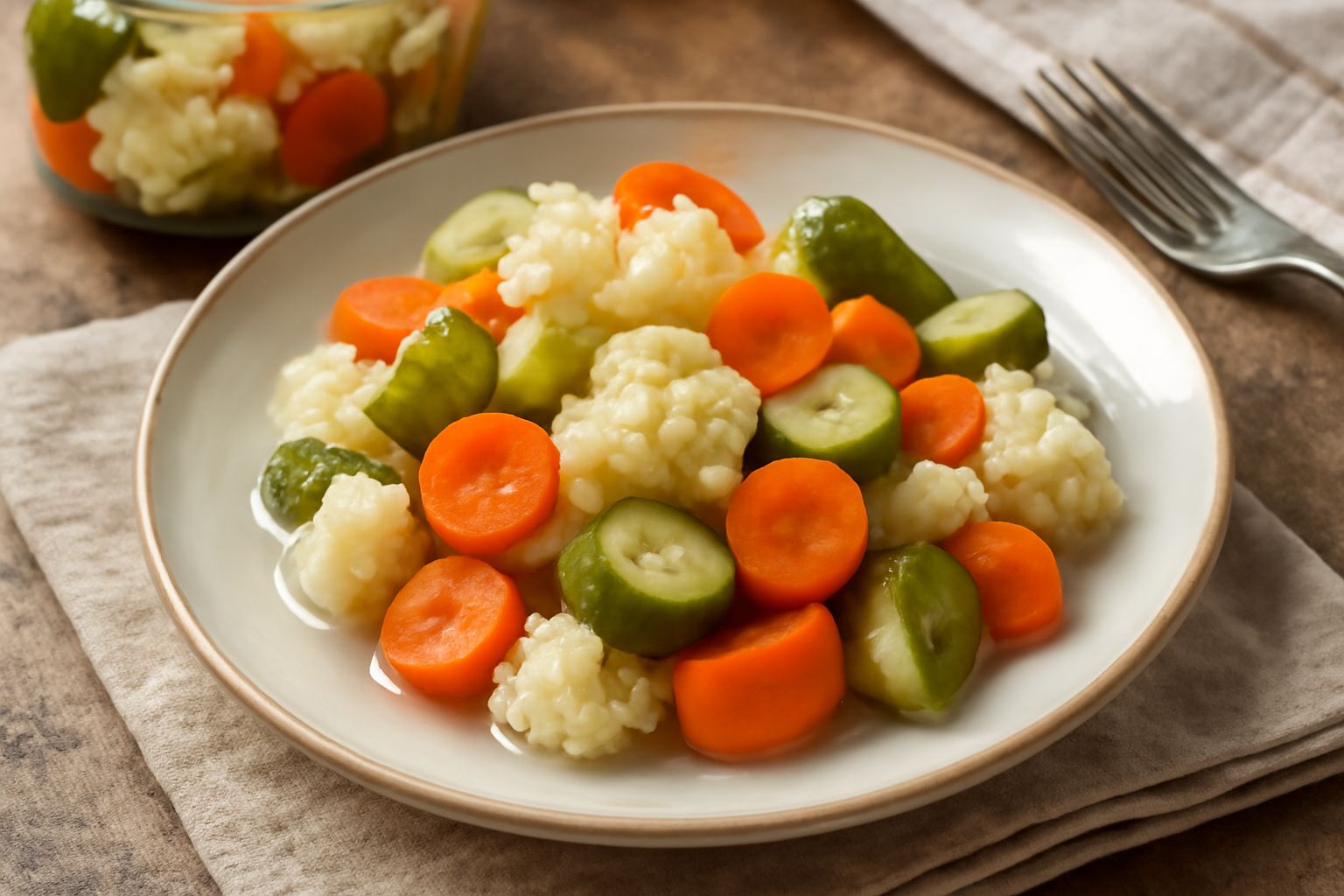 Barattolo di vetro pieno di sottaceti misti con cavolfiore bianco, cetrioli verdi, carote arancioni e cipolle, ricoperti di aceto limpido con spezie visibili in sospensione