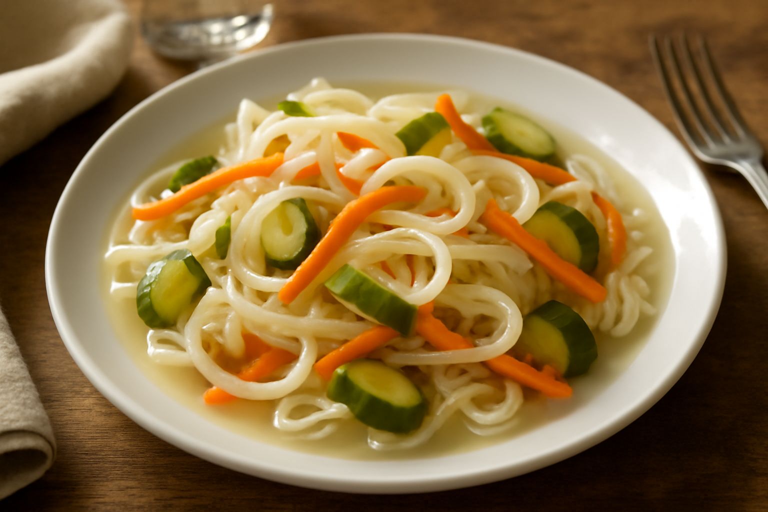 Barattolo di vetro trasparente pieno di verdure colorate in sottaceto: cavolo bianco a strisce, carote tagliate a bastoncini arancioni, cetrioli verdi, cipolle bianche. Aceto limpido ricopre tutto. Sp