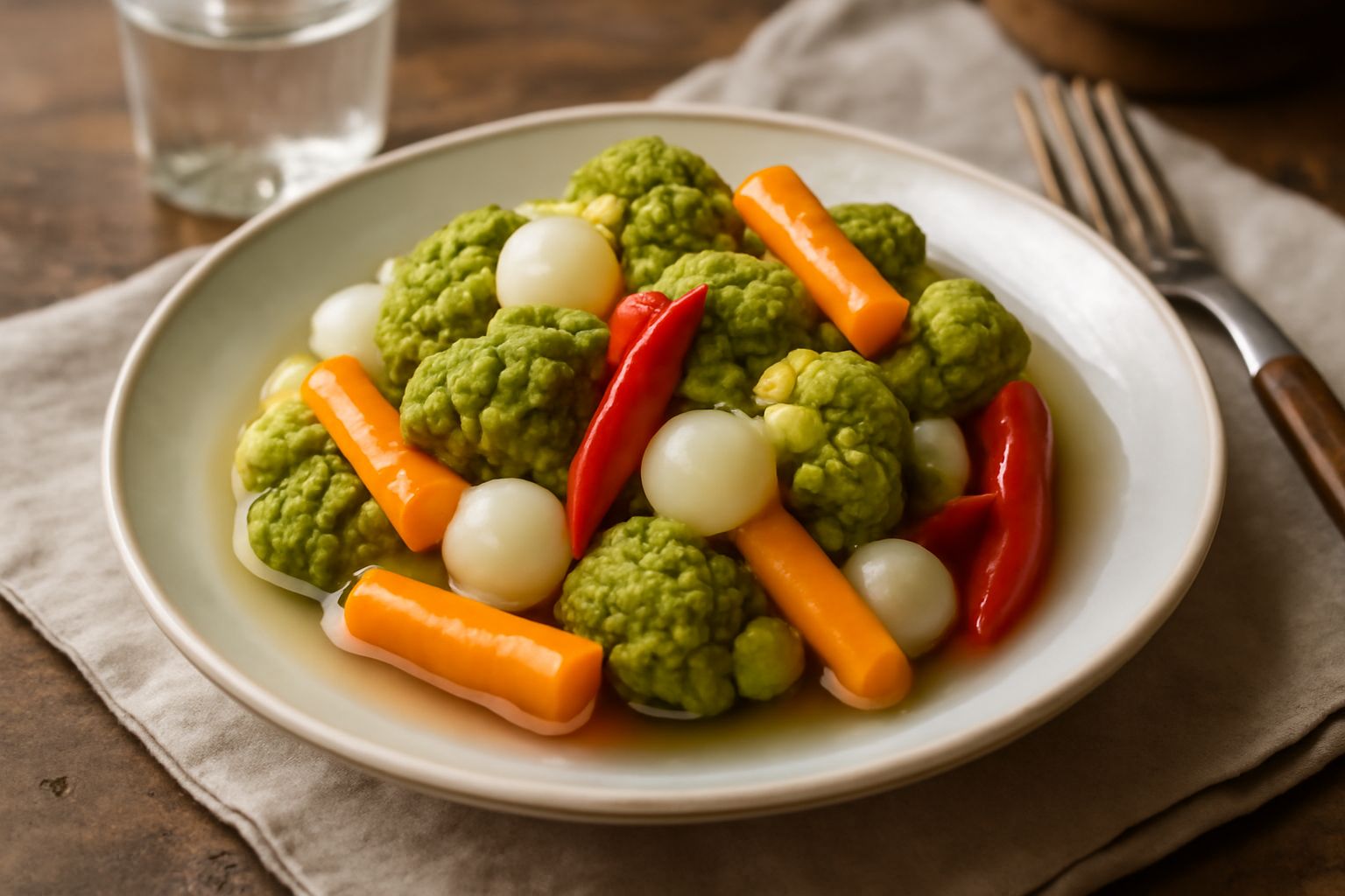 Vasetto di vetro con sottaceti misti: cipolle bianche intere, cavolfiore verde, carote tagliate a bastoncini, peperoncini rossi, con aceto trasparente e spezie visibili, su sfondo di legno scuro