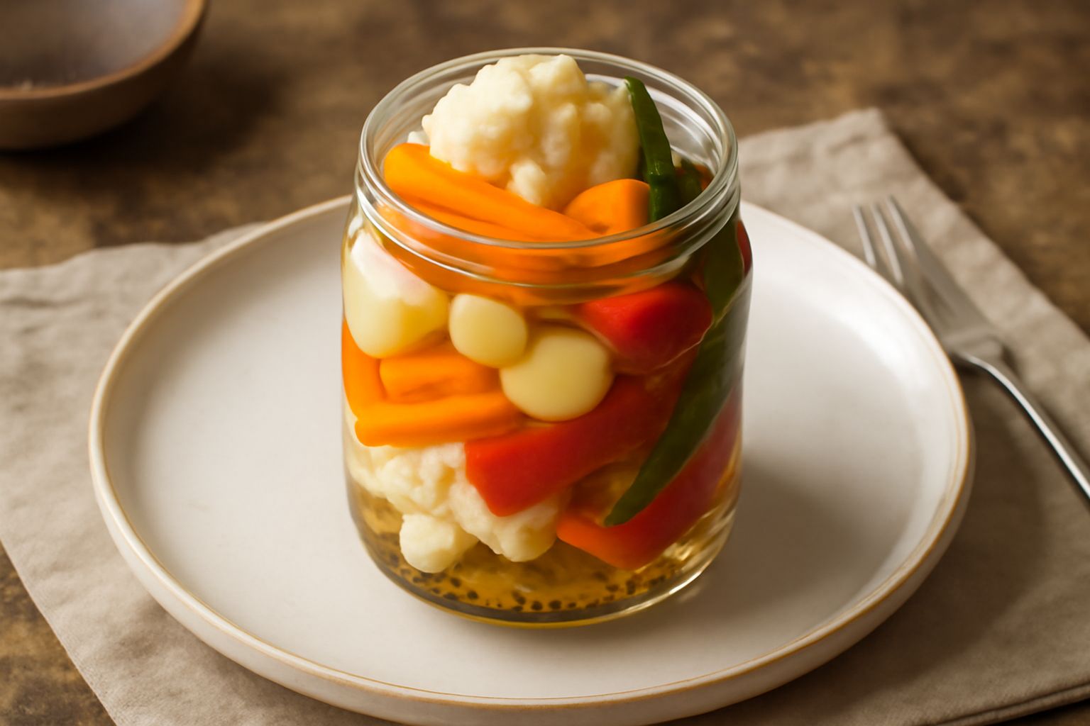 Vasetto di vetro trasparente con sottaceti misti: cavolfiore bianco, carote arancioni, cipolle bianche, peperoni rossi e peperoncini verdi immersi in liquido limpido; etichetta artigianale con spago n