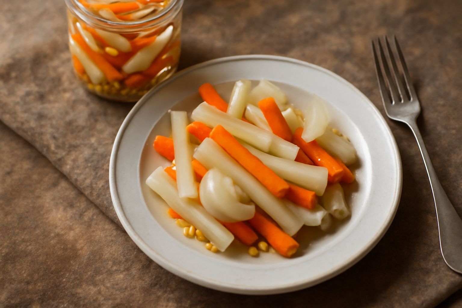 Barattolo di vetro trasparente con sottaceti pavesi: verdure miste tagliate a bastoncini (carote arancioni, sedano bianco, cipolla traslucida) immerse in liquido trasparente, spezie sparse sul fondo, 