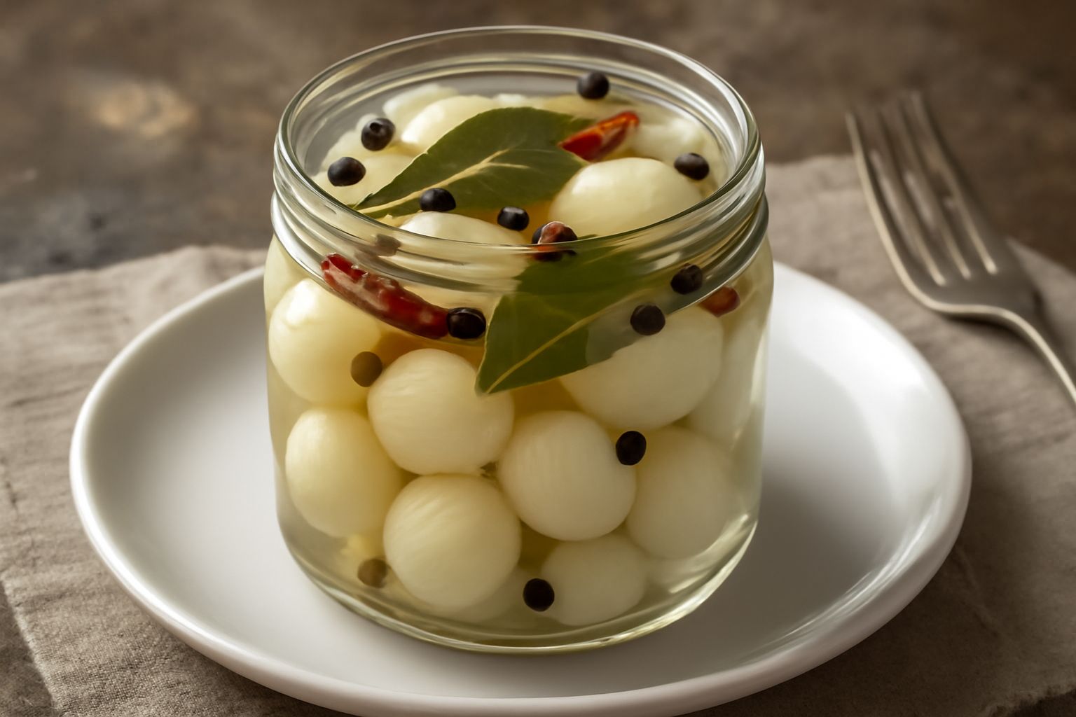 Vasetto di vetro con cipollette bianche intere, coperte da liquido trasparente con spezie visibili, erbe aromatiche e peperoncini rossi, su fondo neutro
