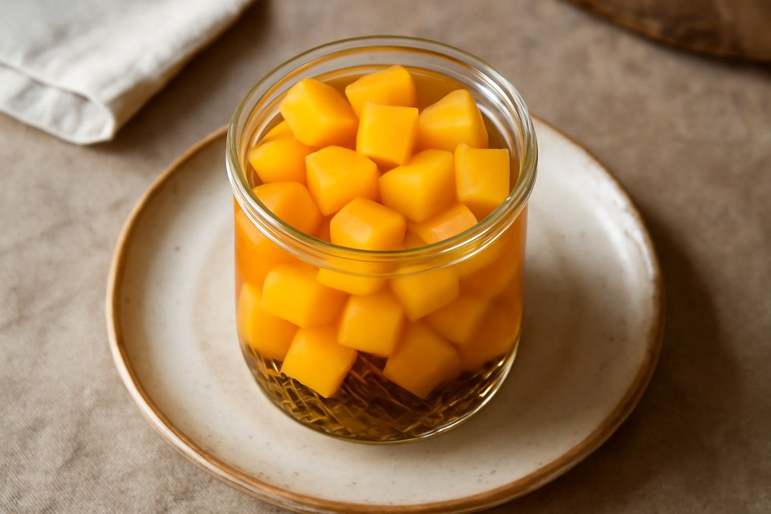Vasetto di vetro trasparente con cubetti di melone giallo-arancio immersi in liquido limpido, semi di senape visibili sul fondo, spezie intere galleggianti, etichetta vintage su sfondo di tela bianca