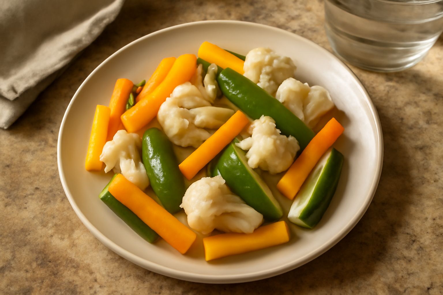 Vasetto di vetro trasparente con sottaceto misto: carote gialle tagliate a bastoncini, cetrioli verdi, cavolfiore bianco, peperoni rossi e gialli, cipollotti, tutto immerso in liquido trasparente con 