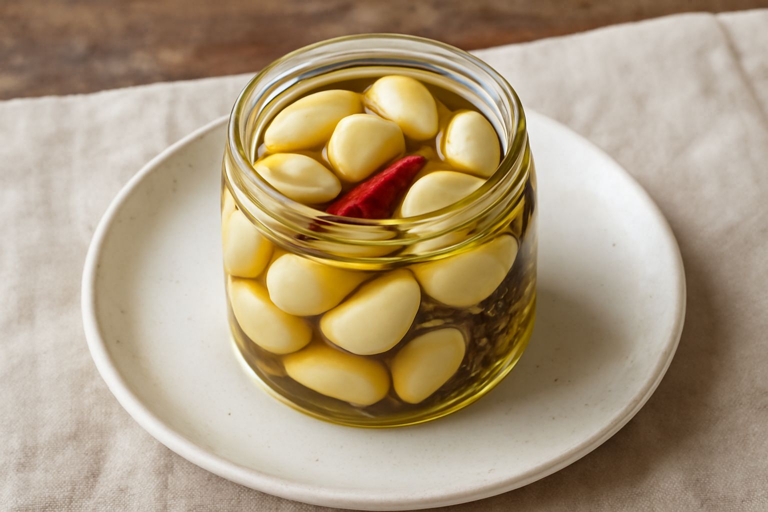 Vasetto di vetro con spicchi di aglio candido in olio trasparente, peperoncino rosso e foglie di rosmarino visibili tra gli spicchi, fondo bianco