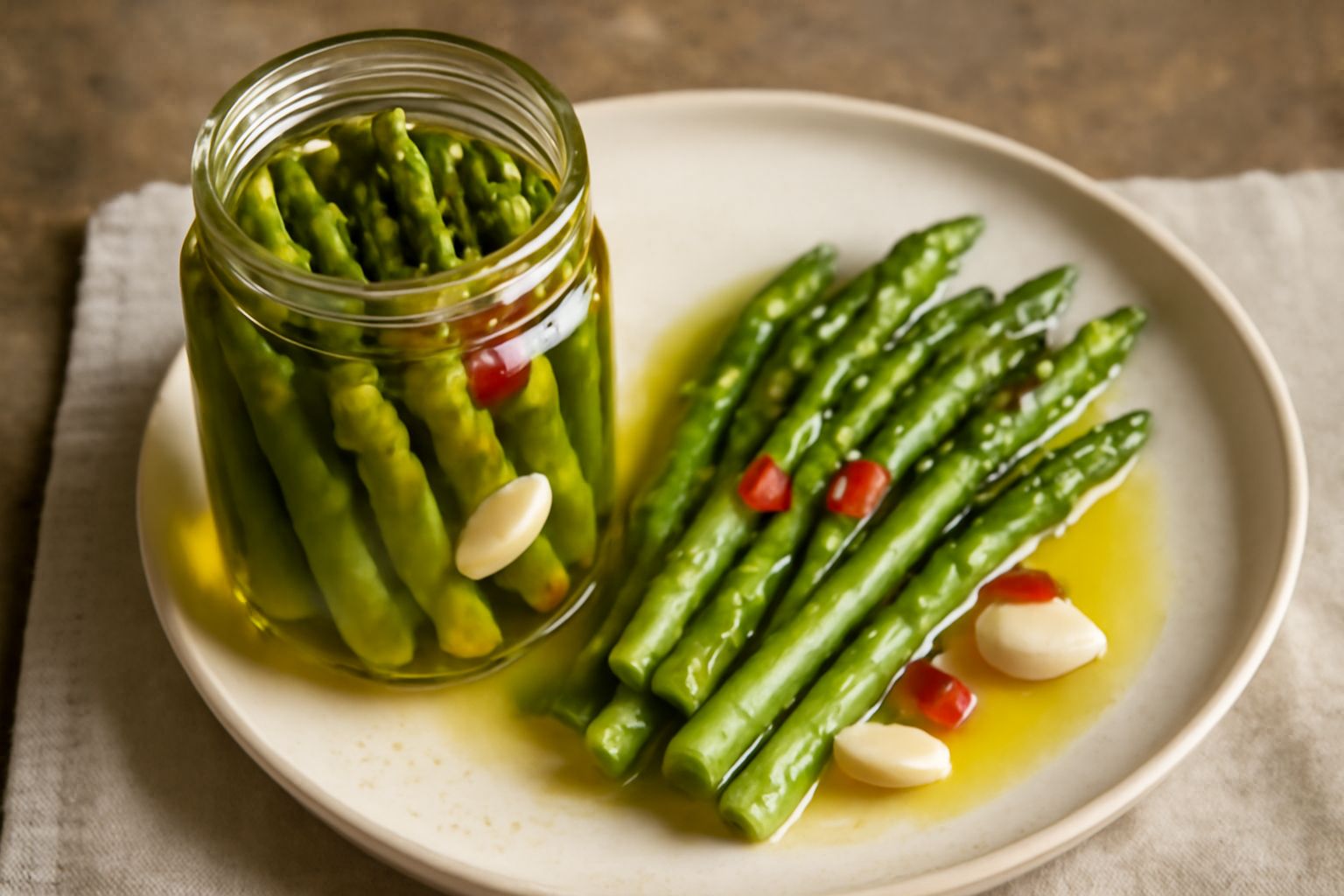 Asparagi verdi in barattolo di vetro trasparente, ricoperti di olio giallo chiaro, con spicchi d'aglio, peperoncino rosso e foglie di prezzemolo visibili tra i gambi diritti