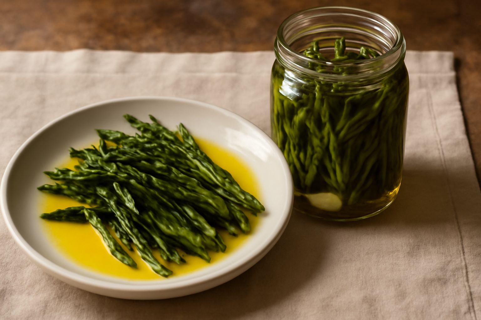 Barattolo di vetro trasparente con asparagi selvatici verde scuro sott'olio d'oliva dorato, posizionato su un piano di marmo bianco con accanto aglio fresco e peperoncini rossi