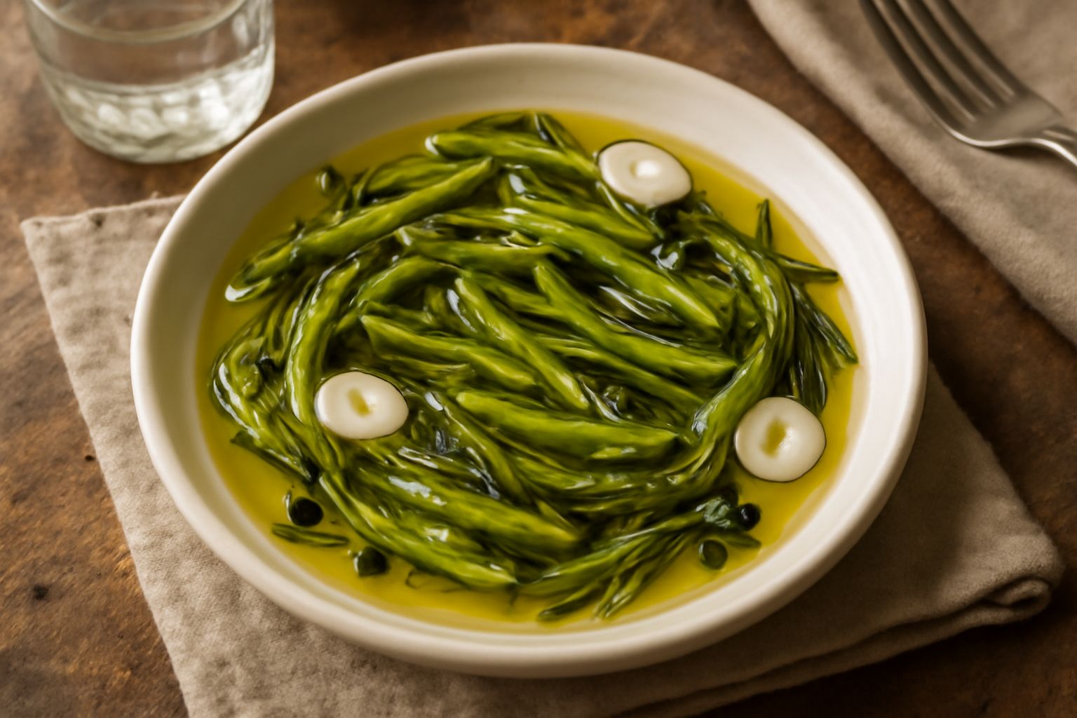 Vasetto di vetro con bruscandoli sottoli: germogli verdi e teneri immersi in olio trasparente, con aghi di rosmarino e spicchi di aglio bianchi visibili tra le verdure