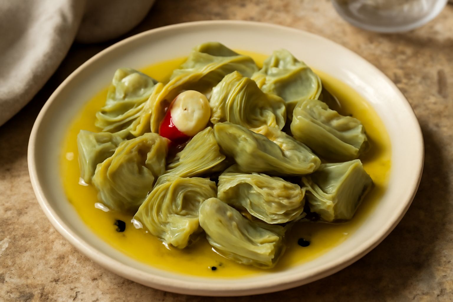 Barattolo di vetro con carciofi sott'olio di color verde salvia, immersi in olio trasparente, con uno spicchio d'aglio bianco e un pezzo di peperoncino rosso visibili in superficie