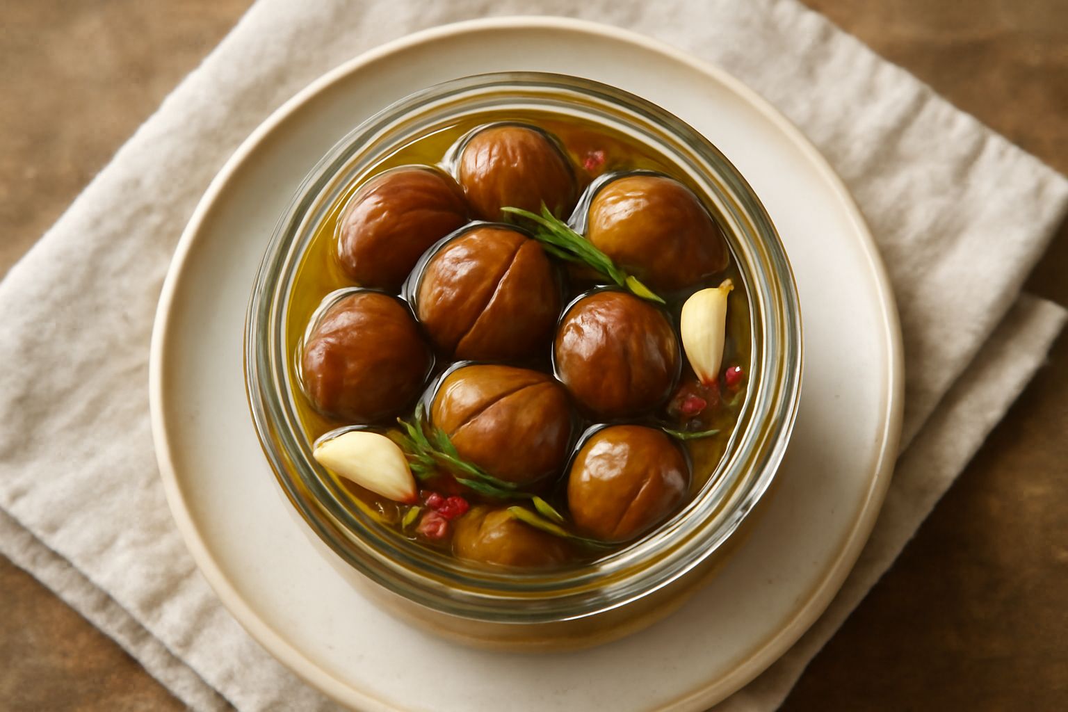 Vaso di vetro trasparente con castagne intere immerse in olio trasparente, spicchi di aglio bianco, rametti di rosmarino fresco e peperoncini rossi intorno, fondo scuro