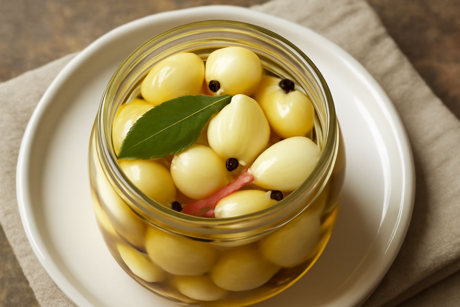 Barattolo di vetro trasparente con cipollette intere bianche e dorate immerse in olio dorato, con foglie di prezzemolo e chicchi di pepe neri visibili nel liquido, sfondo scuro da cucina