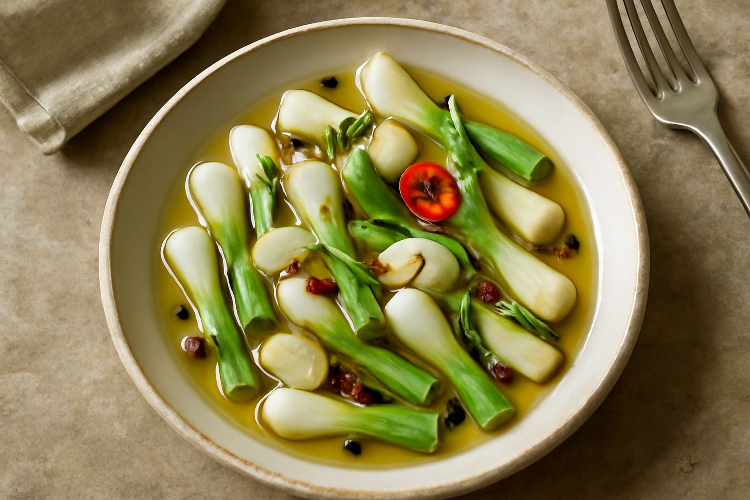 Barattolo di vetro con cipollotti interi bianchi e verdi, immersi in olio trasparente con spicchi di aglio, peperoncino rosso e rametti di rosmarino visibili