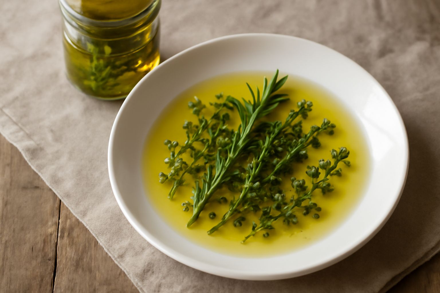 Bottiglia di vetro trasparente con olio dorato contenente rametti di rosmarino e timo fresco, su sfondo di marmo bianco con foglie aromatiche sparse