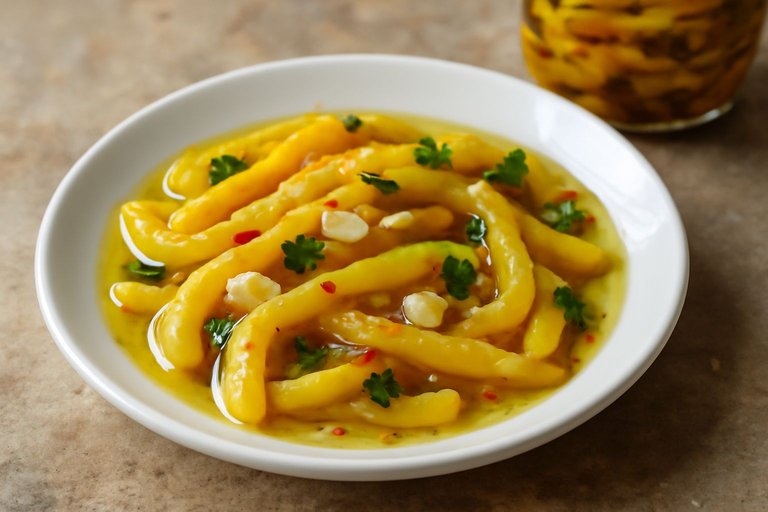 Sottoli di peperoni gialli in un barattolo di vetro trasparente, riempito di olio trasparente con striscie di peperone giallo brillante, semi di peperoncino rossi, spicchi d aglio e erbe aromatiche, f