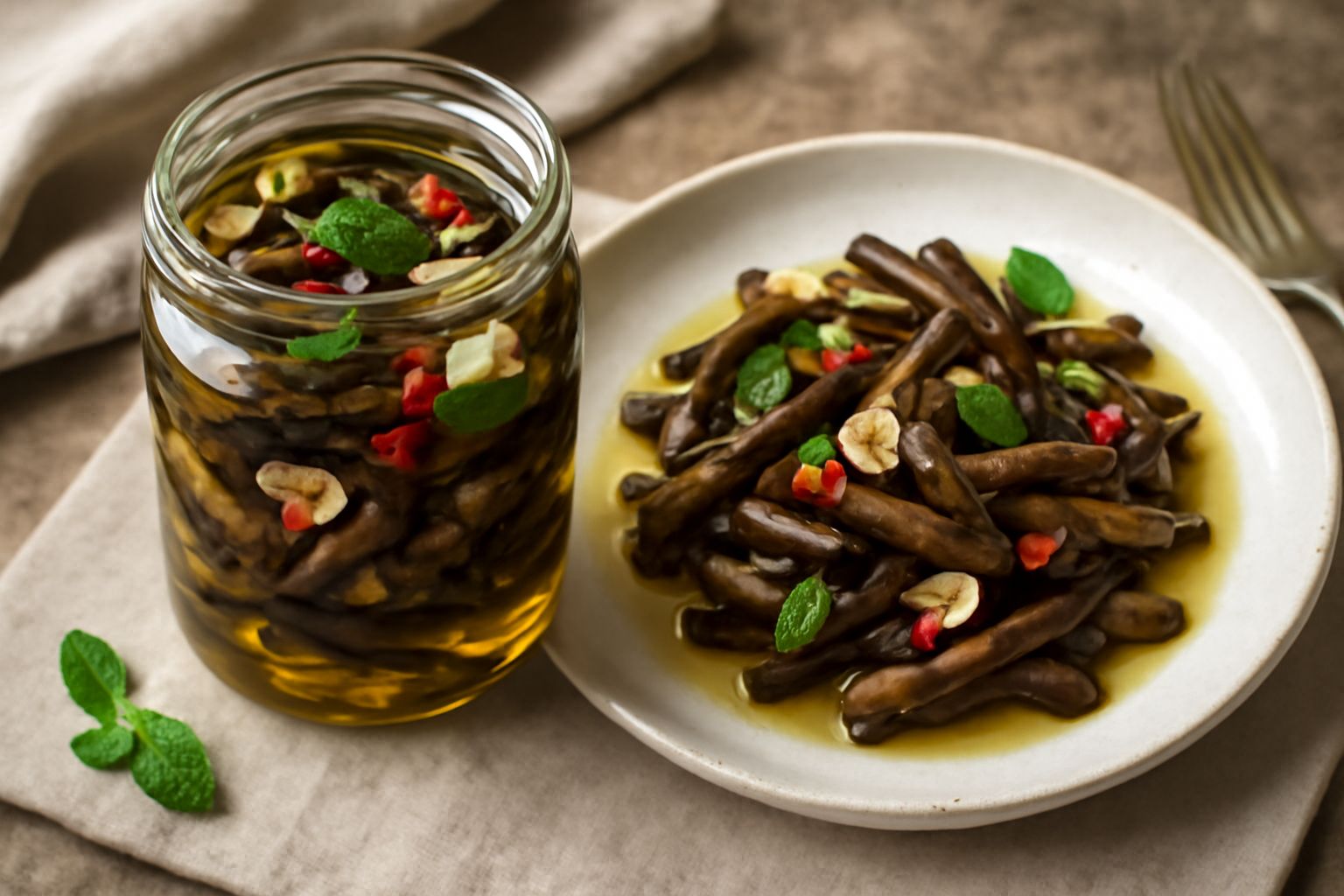 Sottoli di melanzane in barattolo di vetro con olio trasparente, melanzane viola scure tagliate a strisce, aglio bianco e peperoncino rosso visibili nella marinatura, sfondo cucina rustica