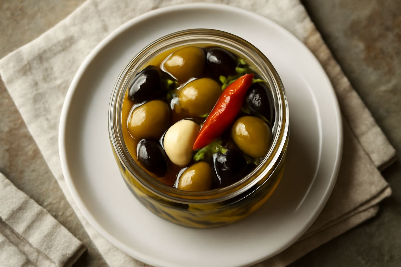 Barattolo di vetro trasparente con olive nere e verdi in olio, con spicchi di aglio visibili, peperoncino rosso e rametti di rosmarino, su tavolo di legno naturale con luce naturale