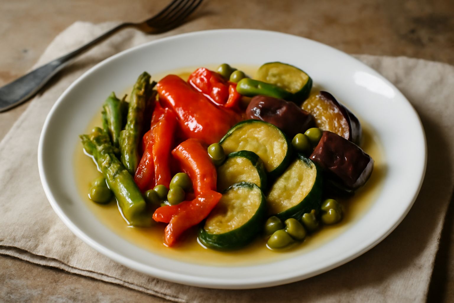 Sottoli in barattoli di vetro: melanzane viola, zucchine verdi, peperoni rossi e gialli immersi in olio trasparente con aceto, foglie di alloro e peperoncini, luci che attraversano il vetro, ripiani d