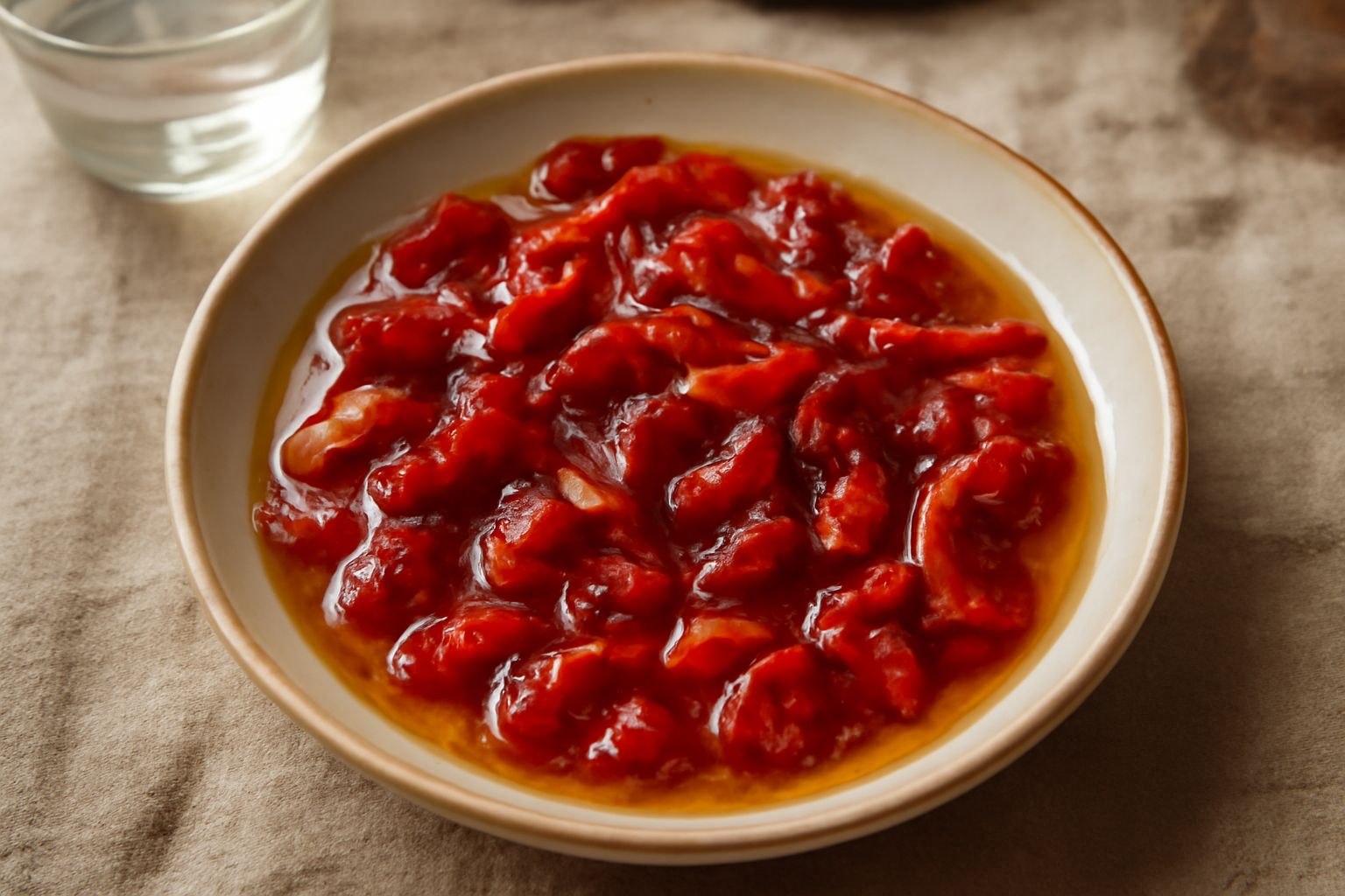Barattolo di vetro con sottoli di peperoni cruschi rossi e arancioni in olio trasparente, seduti su fondo sfumato chiaro, con peperoni interi visibili e bolle d'olio intorno