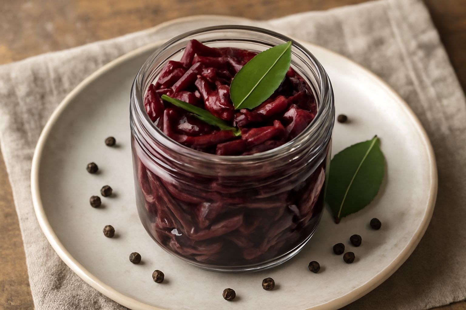 Vasetto di vetro con sottoli di radicchio rosso tagliato a losanghe, immerse in liquido trasparente, con chicchi di pepe nero e foglia di alloro visibile sul fondo