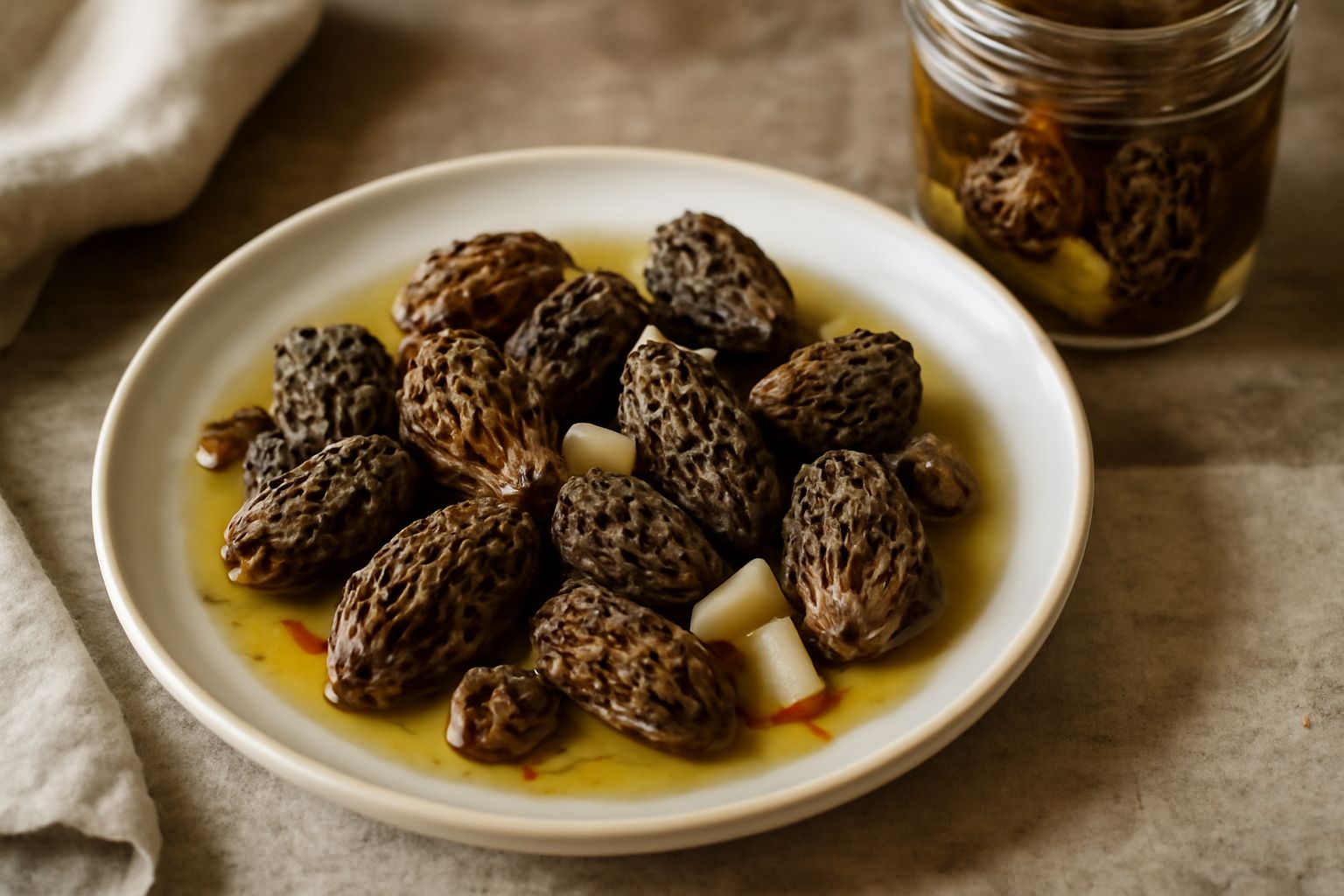 Barattolo di vetro con spugnole scure intere e pezzi irregolari immersi in olio trasparente dorato con aceto, aglio e peperoncino rosso sparso in superficie