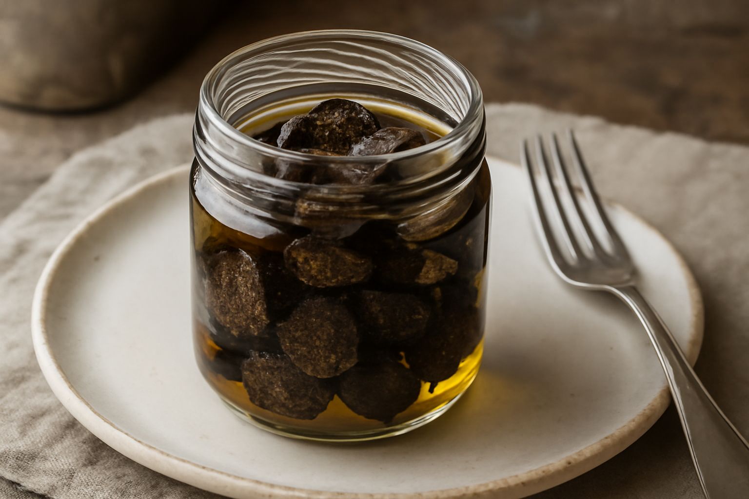 Barattoli di vetro trasparente con tartufi scuri immersi in olio dorato, chiusi con coperchio, posizionati su una superficie di legno con una piccola etichetta bianca