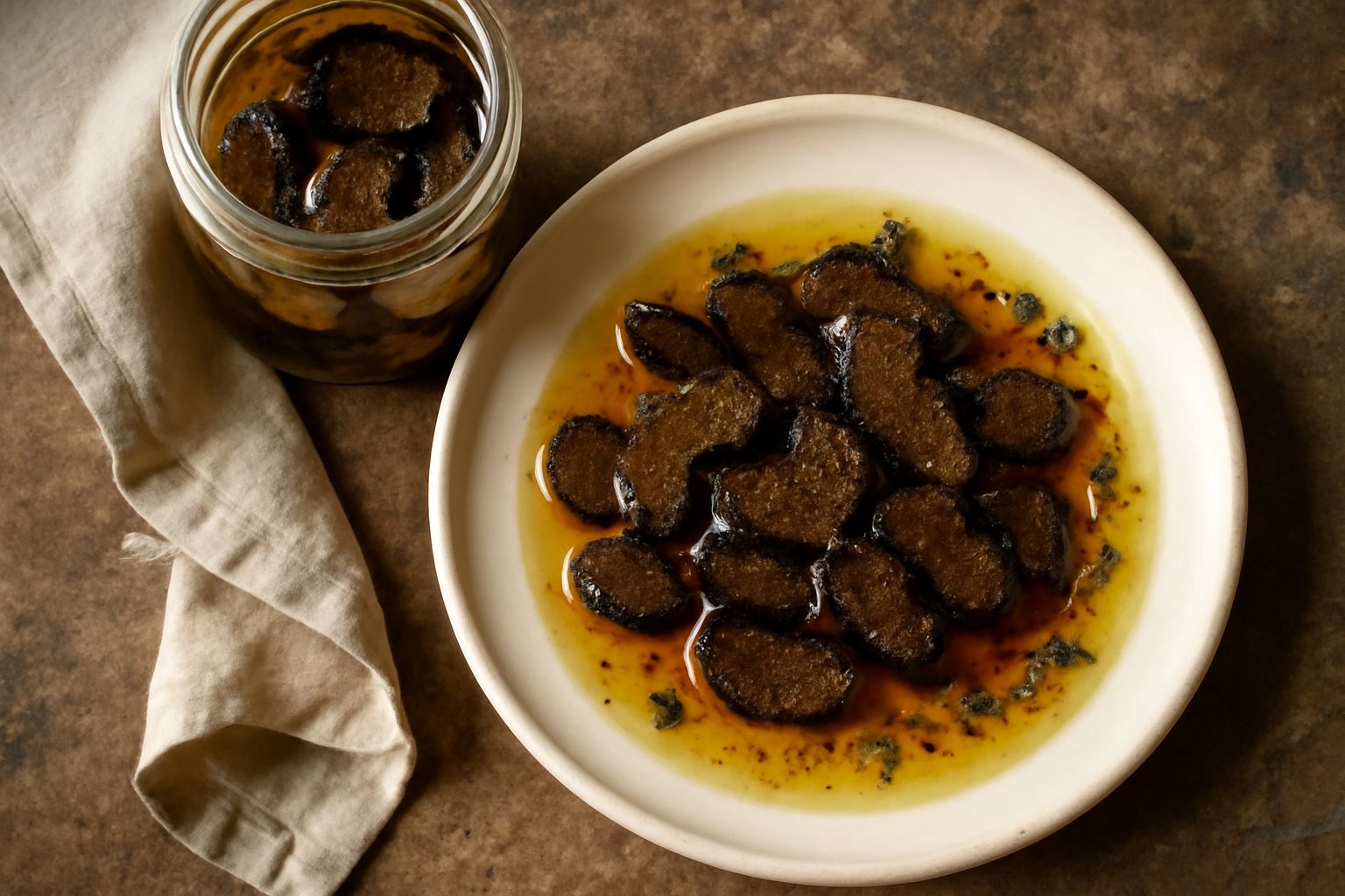 Vasetto di vetro con tartufi neri a fette immerse in olio d'oliva giallo, con aghi di rosmarino e grani di pepe nero visibili, su tavolo in legno con luce naturale