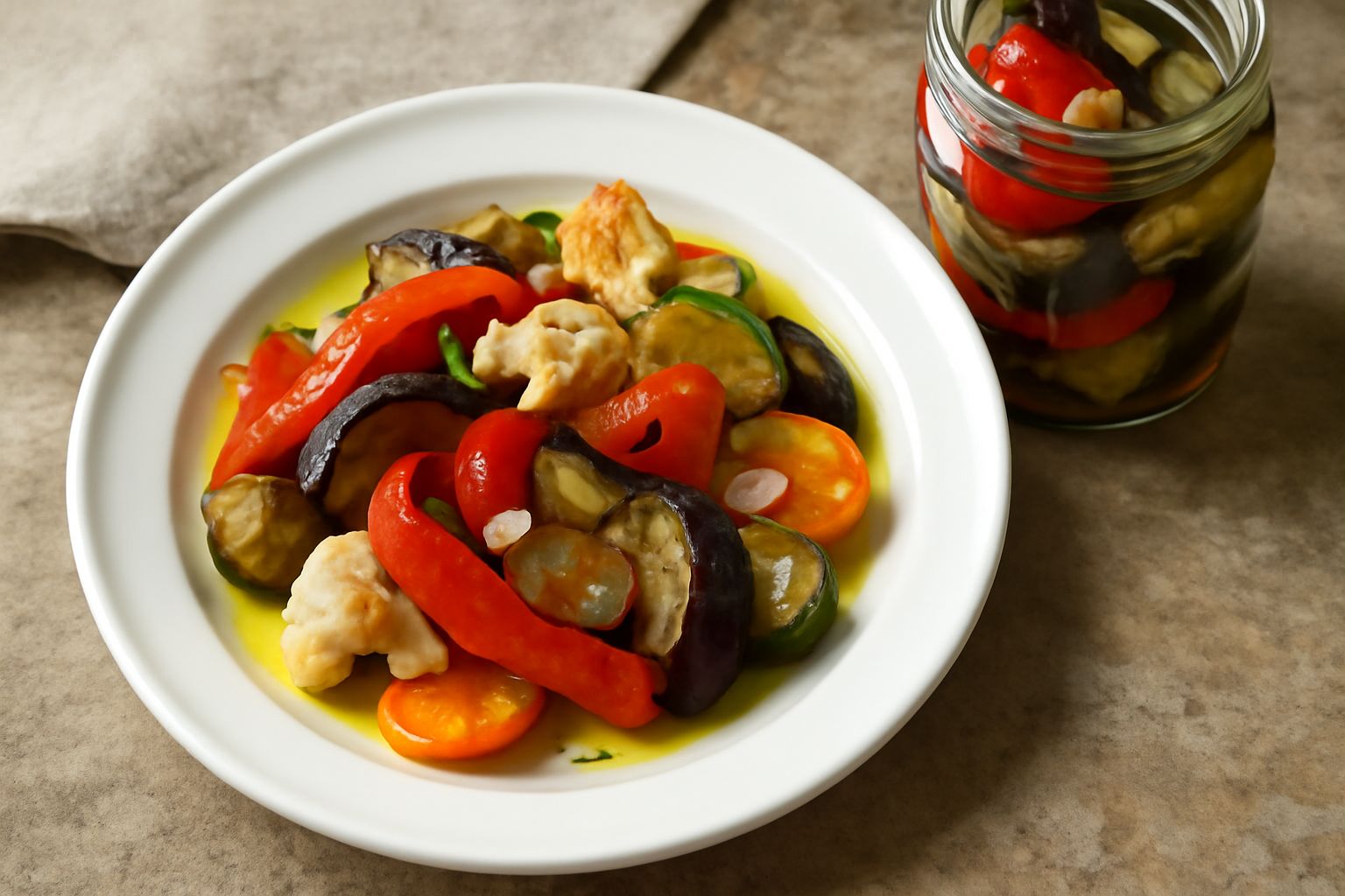 Vaso di vetro trasparente con sottoli di verdura multicolore sott'olio: fette di melanzana porpora, peperoni rossi e gialli, zucchine verdi, aglio bianco e foglie di basilico galleggianti nell'olio do