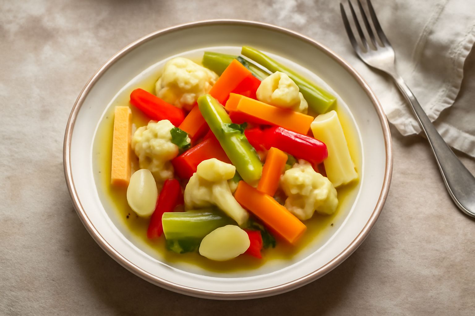 Barattolo di vetro trasparente con sottoli di verdure miste: melanzane viola scure, peperoni rossi e gialli, zucchine verdi affettate, immerse in aceto e olio giallognolo, con foglie di prezzemolo e s