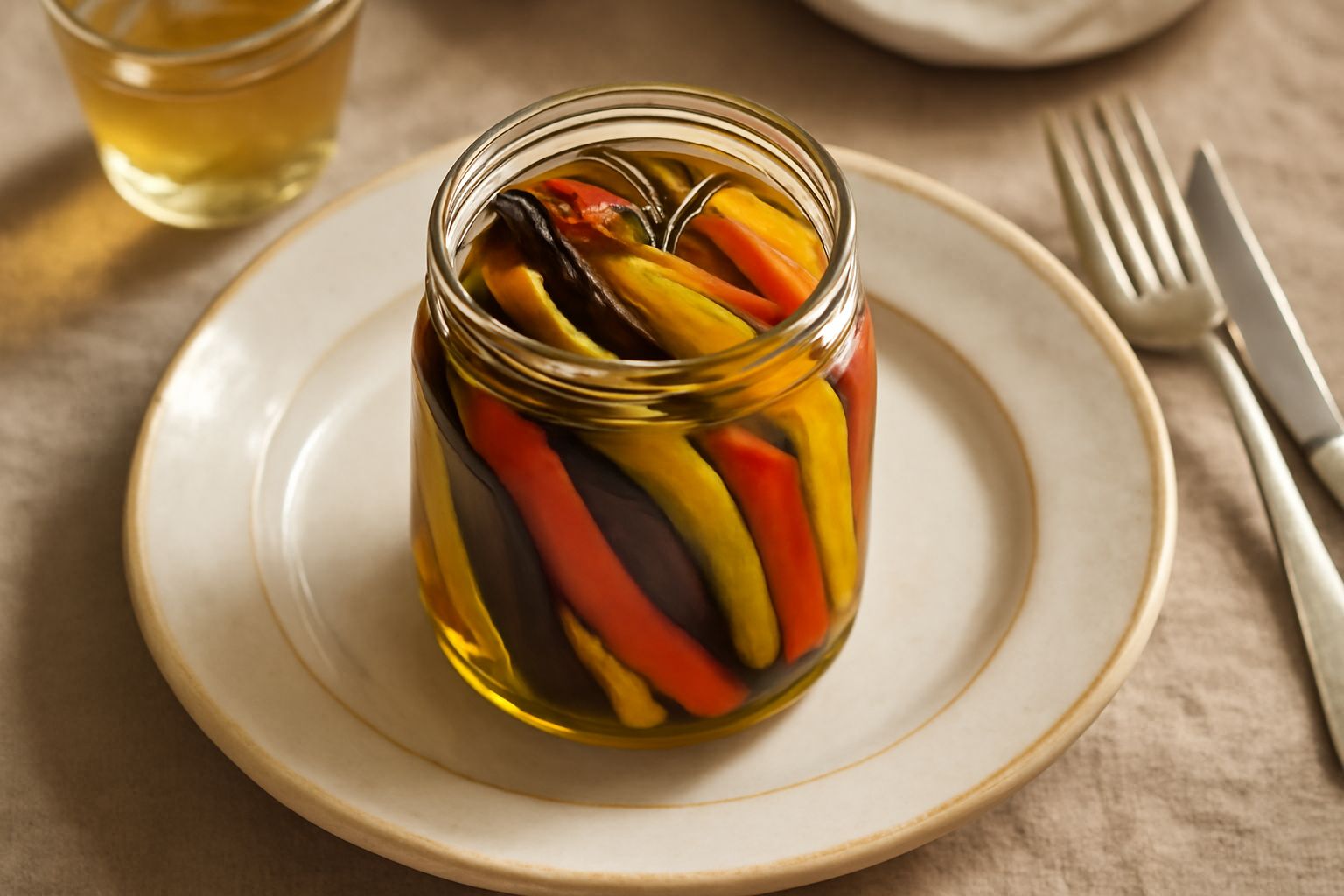 Vasetto di vetro trasparente con sottoli di verdure estive: strisce di melanzane violette, zucchine verdi, peperoni rossi e gialli immerse in olio trasparente con aglio e peperoncino visibili, sfondo 