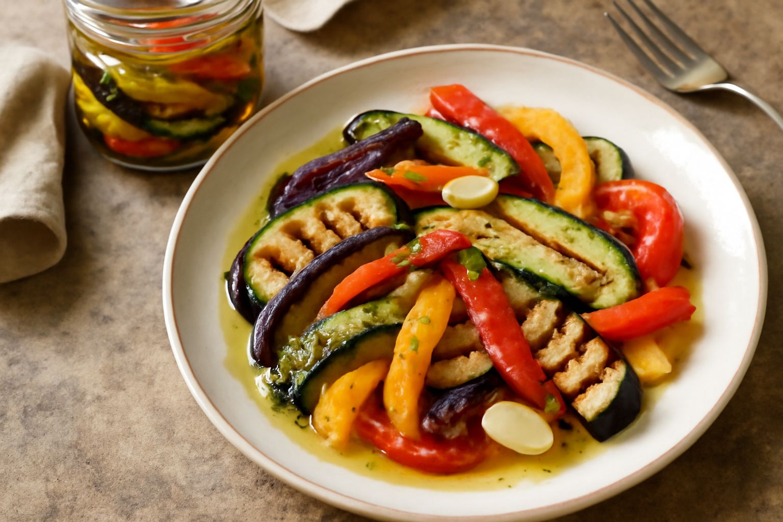 Barattolo di vetro pieno di verdure grigliate multicolori sott'olio trasparente: strisce di melanzana viola scuro, zucchina verde, peperone rosso e giallo, aglio e peperoncino visibili, impiattamento 