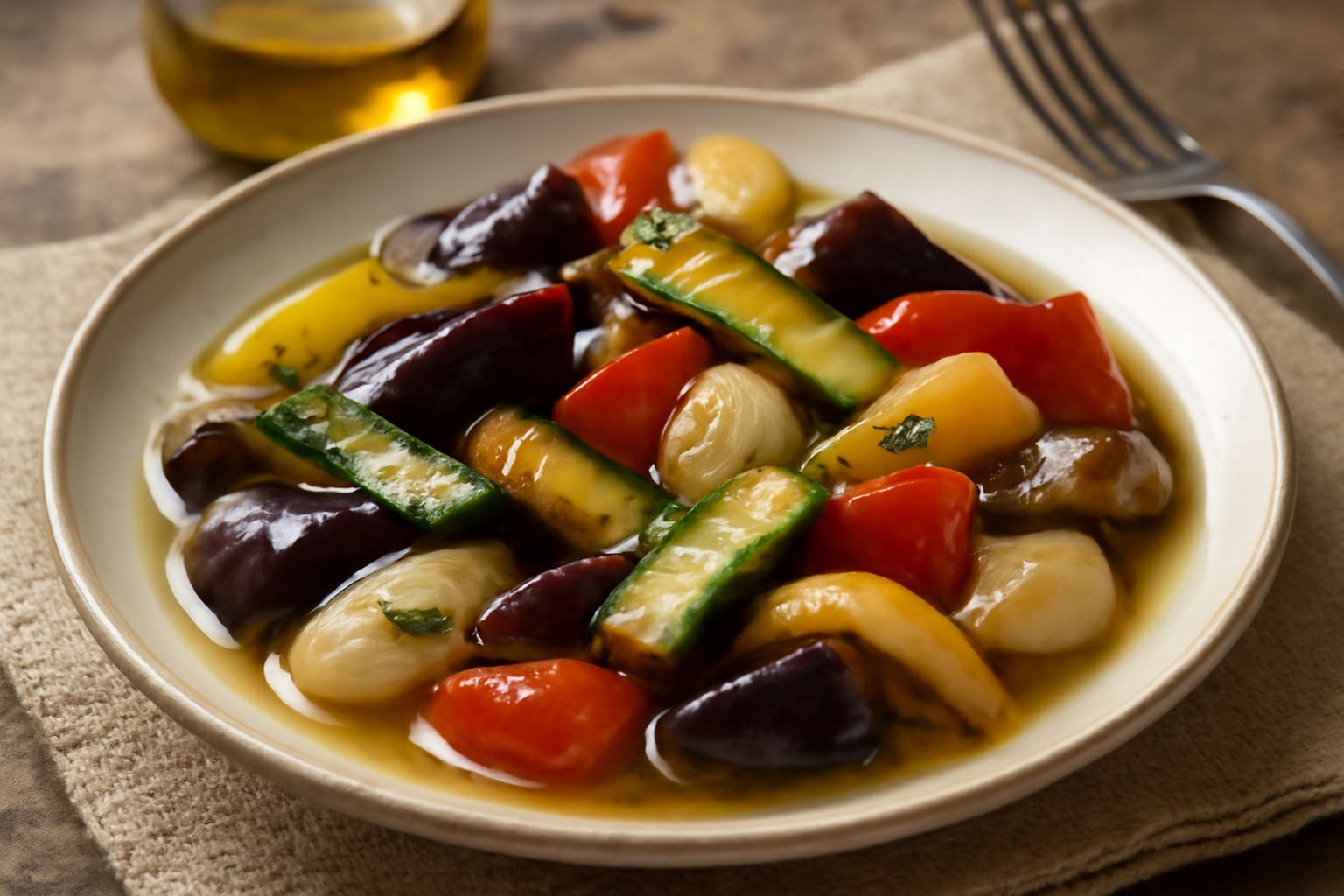 Barattolo di vetro con sottoli di verdure miste: melanzane viola, zucchine verdi, peperoni rossi e gialli visibili dentro il liquido trasparente, decorato con rami di rosmarino fresco sulla spalla del