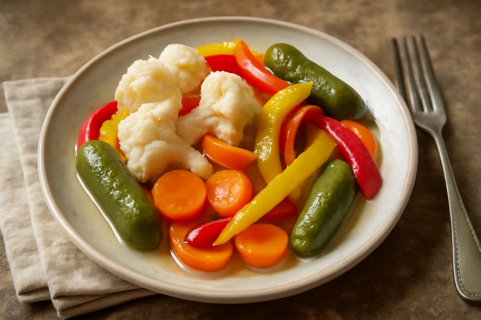 Barattoli di vetro trasparenti con sottoli friulani: cavolfiore bianco e verde, carote arancioni tagliate a pezzi, peperoni rossi e gialli, cetriolini, il tutto immerso in olio giallo e spezie visibil