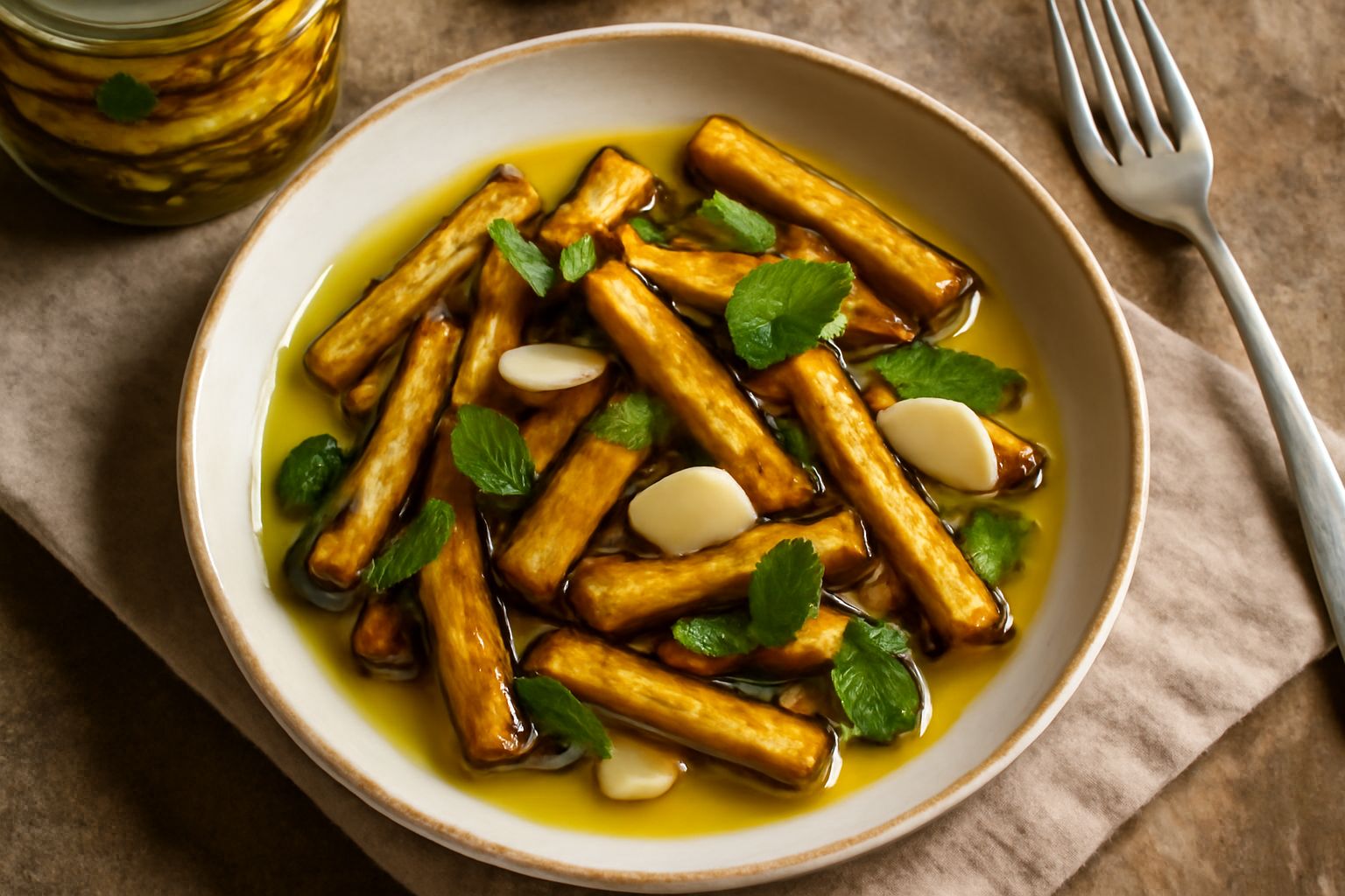 Barattolo di vetro con sottoli di zucchine dorate e croccanti immerse in olio, con spicchi d'aglio visibili e erbe aromatiche, su sfondo di tela bianca