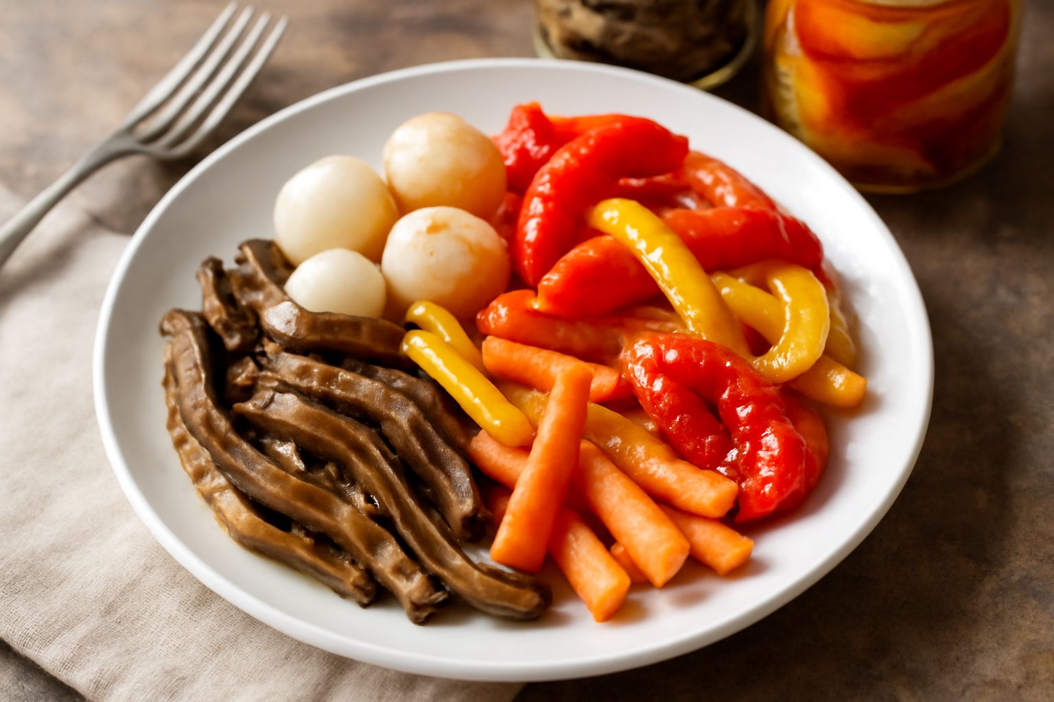 Barattoli di vetro trasparente con sottoli friulani: melanzane, peperoni rossi e gialli, cipolle bianche e erbe aromatiche immerse in olio dorato, disposti su un tavolo di legno con luce naturale