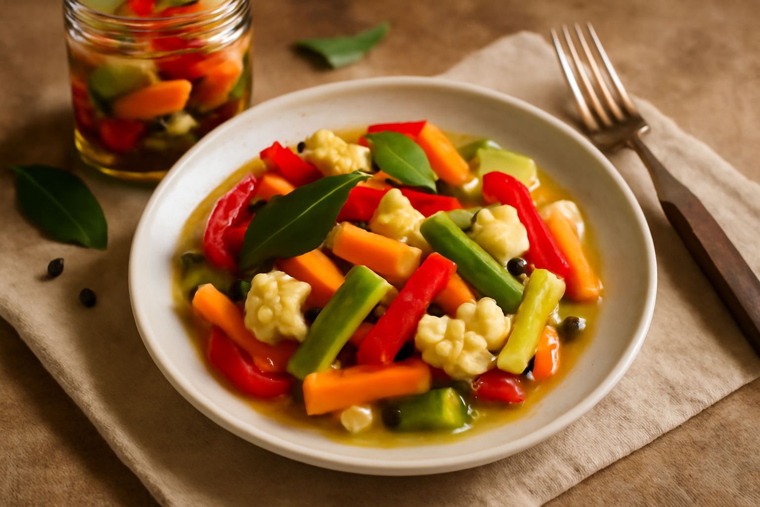Barattoli di vetro trasparenti con sottoli misti: carote, zucchine, peperoni rossi e gialli, funghi bianchi, cipollotti immersi in olio trasparente con foglie di alloro e pepe nero visibile sul fondo