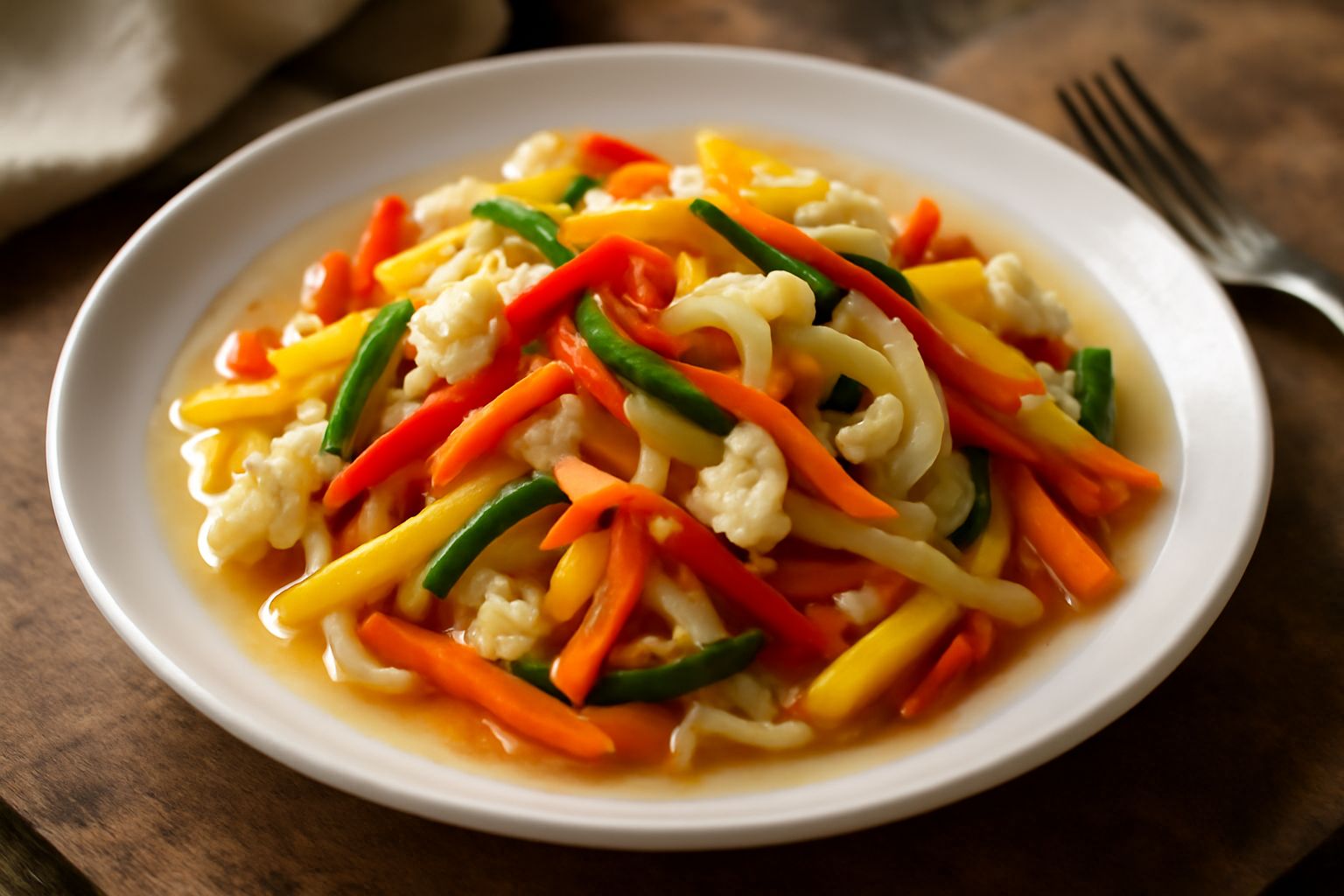 Barattolo di vetro trasparente con sottoli misti: carote arancioni tagliate a julienne, zucchine verdi e gialle a bastoncini sottili, cavolfiore bianco in piccoli fiori, peperoni rossi in striscioline