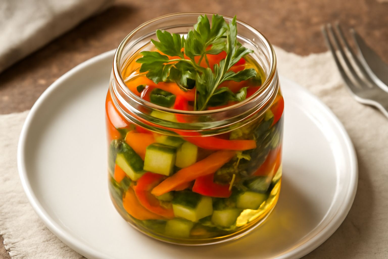 Vasetto di vetro trasparente riempito di verdure colorate sott'olio: carote arancioni, zucchine verdi e peperoni rossi, con rametti di rosmarino e timo visibili nell'olio dorato, etichetta bianca sul 